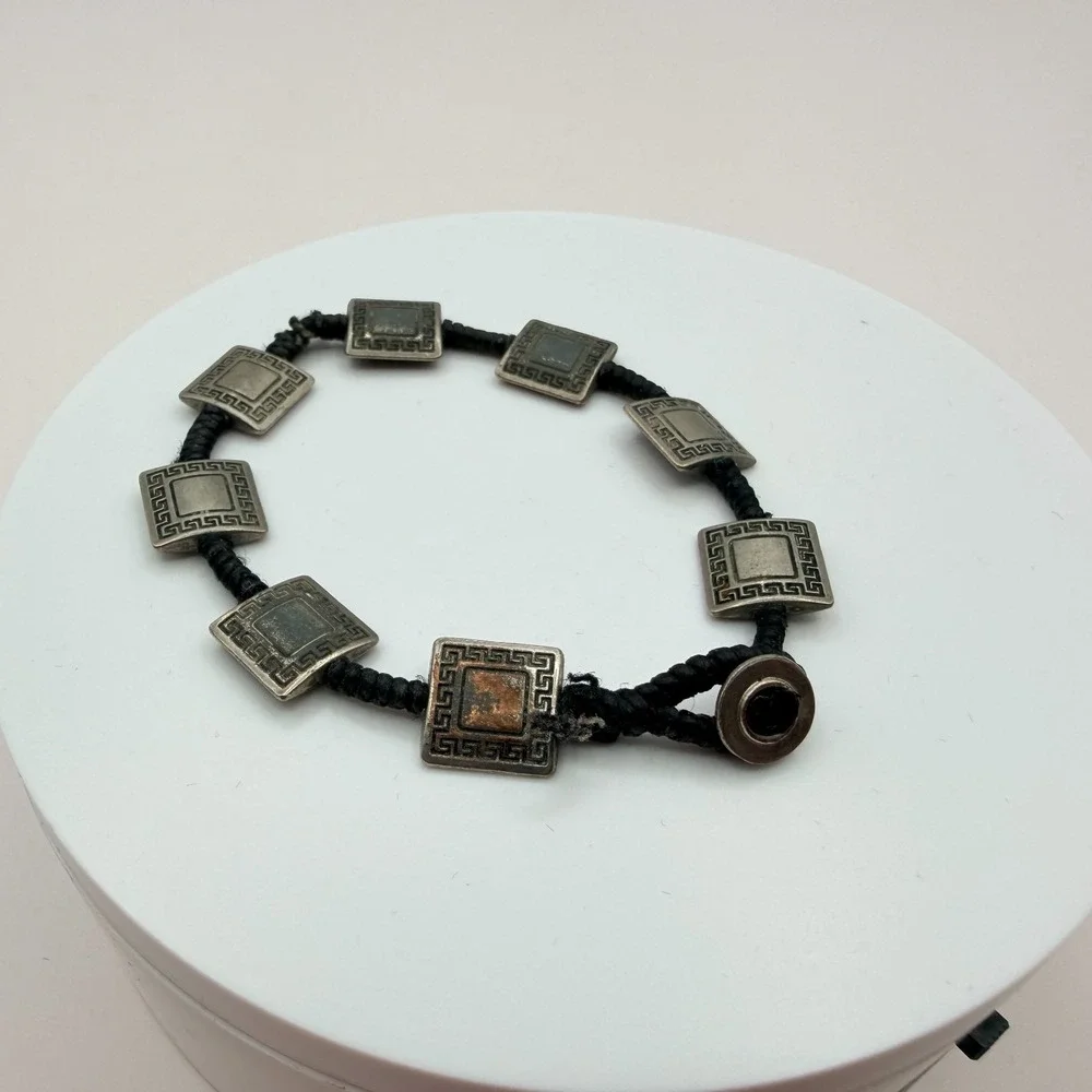 VTG Y2K Silver Tone Square Greek Key‎ Panel Bracelet Black Cord Women's Jewelry